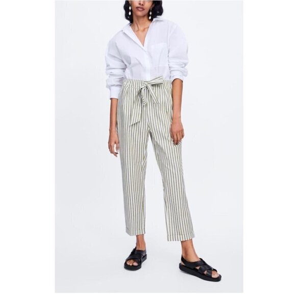 Zara Green Striped Trousers Pants With Tie Belt S - Picture 1 of 9